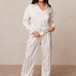 Lounge Striped Satin Pajama Set in "Pearl"